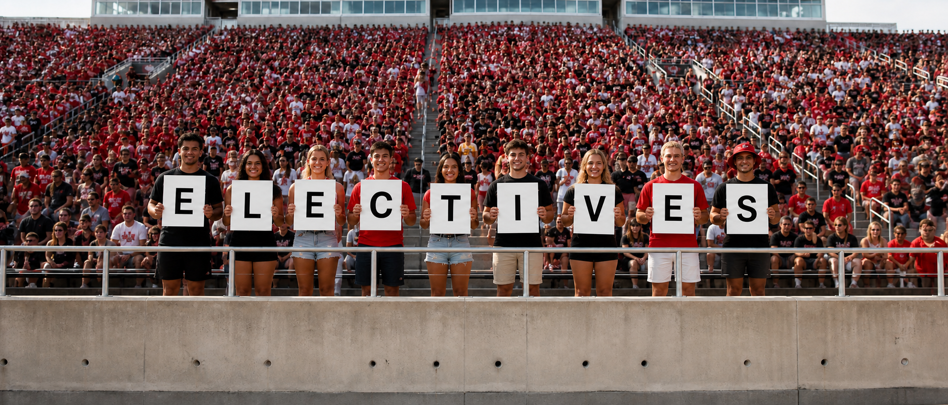 Fans holding signs spelling Electives in Athens colors