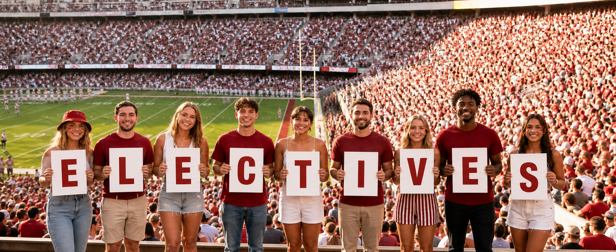 Fans holding signs spelling Electives in Tuscaloosa colors